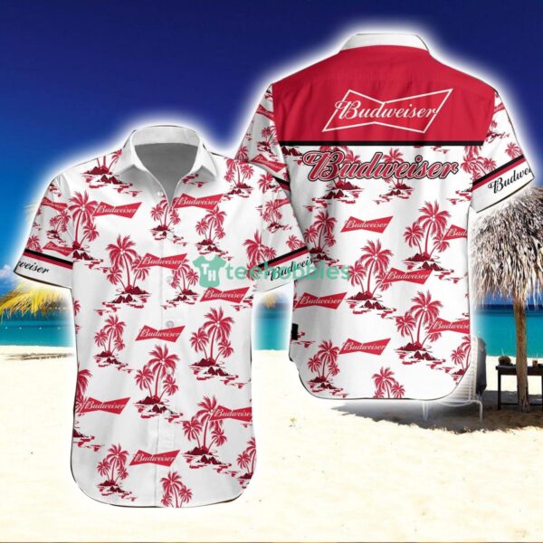 Budweiser Logo and Coconut tree Pattern White Hawaiian Shirt For Men And Women Product Photo 1