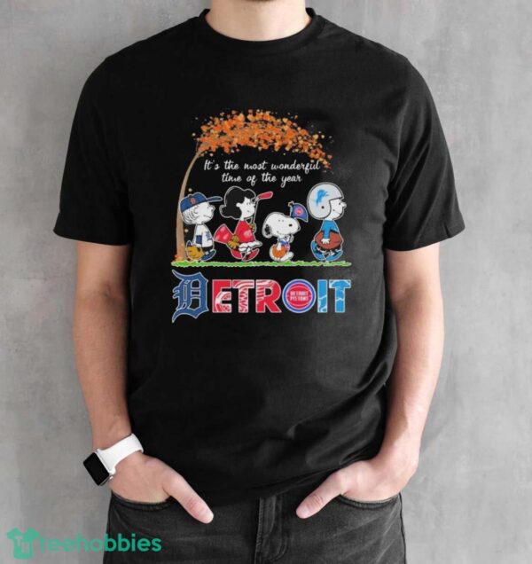 Detroit Sports Teams X Peanuts Characters It’s The Most Wonderful Time Of The Year Shirt - Black Unisex T-Shirt