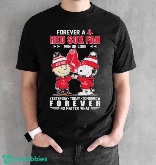 Funny Charlie Brown And Snoopy Forever A Red Sox Fan Win Or Lose 2024 Shirt - Black Unisex T-Shirt