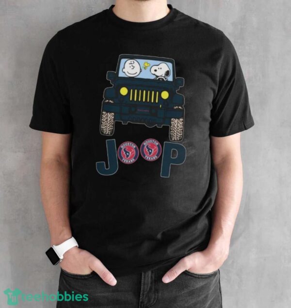 Houston Texans Snoopy And Charlie Brown Driving Jeep T-Shirt - Black Unisex T-Shirt