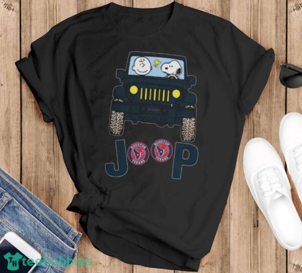 Houston Texans Snoopy And Charlie Brown Driving Jeep T-Shirt - Black T-Shirt