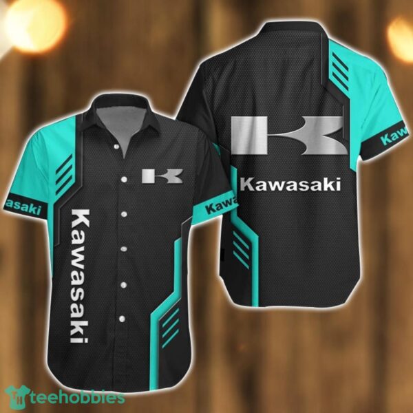 Kawasaki Logo Mix Light Blue and Black Color Hawaiian Shirt For Men And Women Product Photo 1