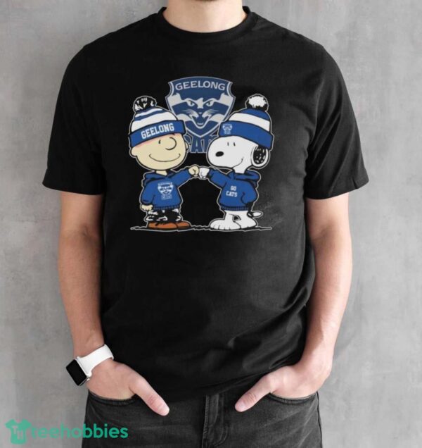 Official Peanuts Snoopy And Charlie Brown Geelong Cats Shirt - Black Unisex T-Shirt