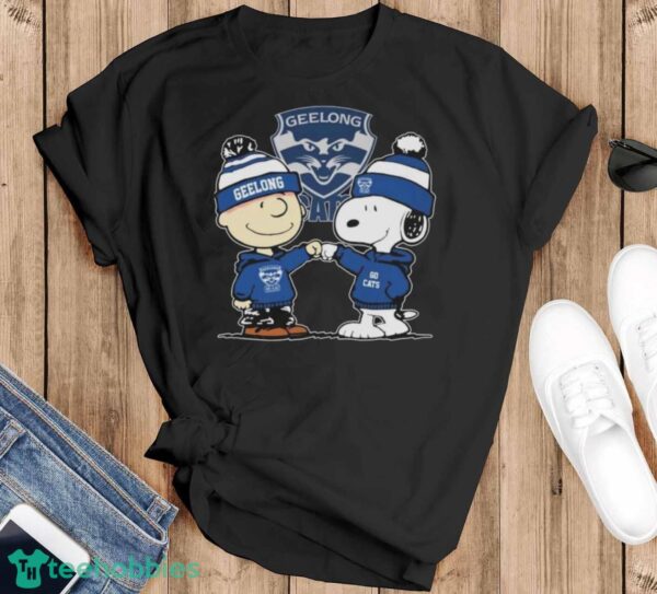 Official Peanuts Snoopy And Charlie Brown Geelong Cats Shirt - Black T-Shirt