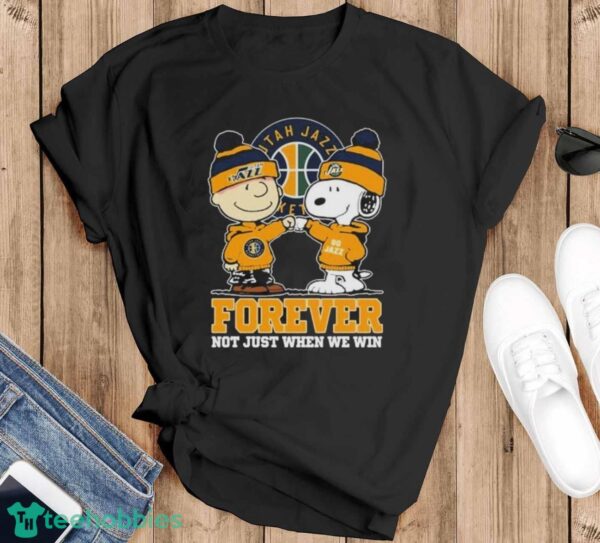 Official Snoopy Fist Bump Charlie Brown Utah Jazz Forever Not Just When We Win Shirt - Black T-Shirt