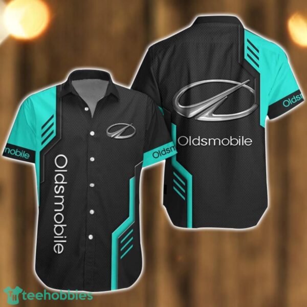 Oldsmobile Logo Mix Light Blue and Black Color Hawaiian Shirt For Men And Women Product Photo 1