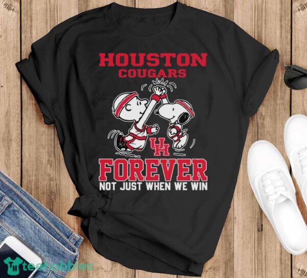 Peanuts Snoopy And Charlie Brown Houston Cougars High Five Forever Not Just When We Win Shirt - Black T-Shirt
