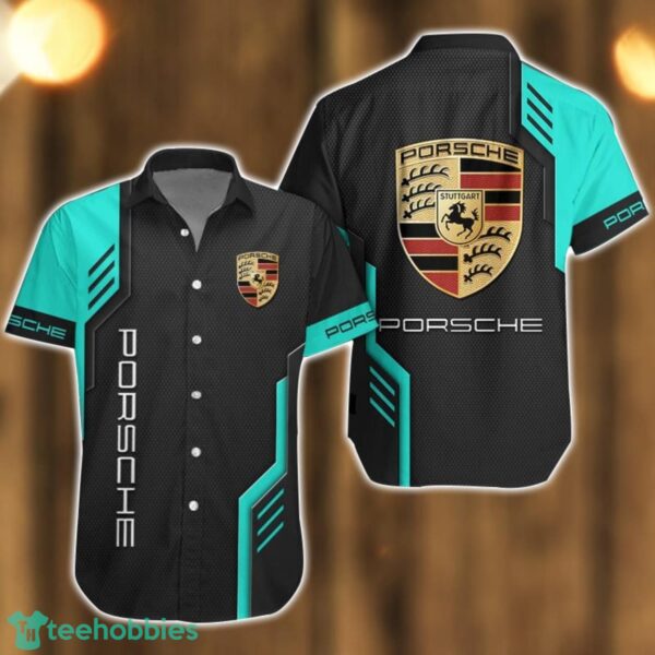 Porsche Logo Mix Light Blue and Black Color Hawaiian Shirt For Men And Women Product Photo 1