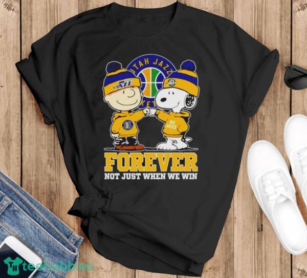 Utah Jazz NBA Snoopy And Charlie Brown Forever Not Just When We Win Shirt - Black T-Shirt