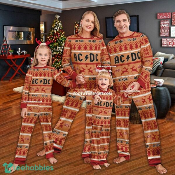 AC DC Band Logo Pattern Ugly Christmas Pajamas Set Men Women Children - AC DC Band Logo Pattern Ugly Christmas Pajamas Set Men Women Children