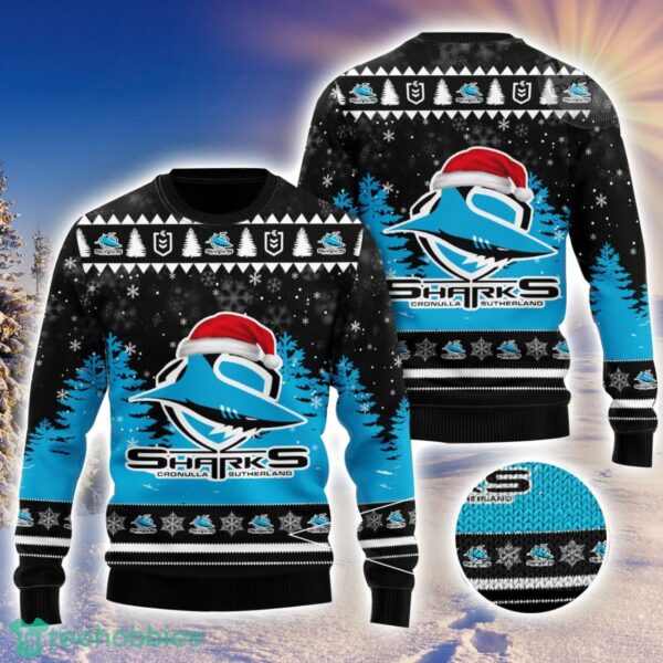 Cronulla Sutherland Sharks Logo Wearing Santa Hat 3D Ugly Christmas Sweater Christmas Gift Men And Women 2023 Sweater Product Photo 1