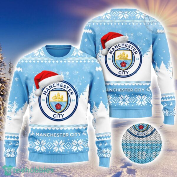 Fans Manchester City Logo Wearing Santa Hat 3D Ugly Christmas Sweater Christmas Gift Men And Women 2023 Sweater Product Photo 1