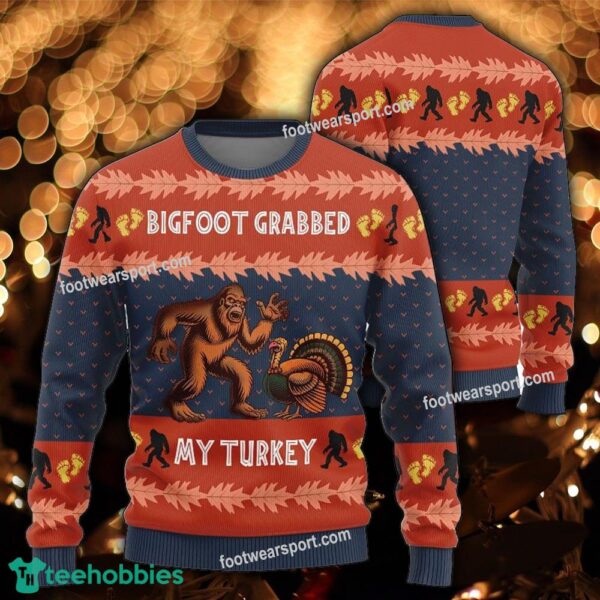 Funny Bigfoot Grabs Turkey Funny Thanksgiving Knitted Christmas Sweater For Men And Women - Funny Bigfoot Grabs Turkey Funny Thanksgiving Adults Photo 2 Ugly Sweater Gift Christmas