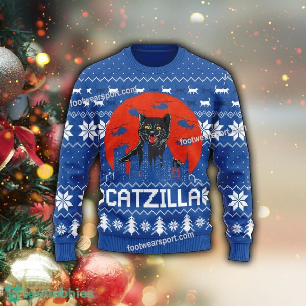 Funny Catzilla Happy Halloween Ugly Christmas 3D Sweater For Men And Women - Funny Catzilla Happy Halloween Photo 1 Ugly Sweater Gift Christmas