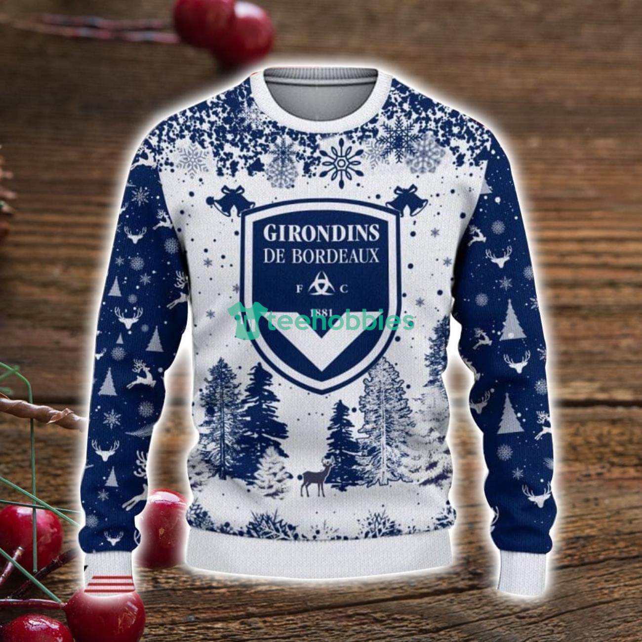 Girondins de Bordeaux 3D Sweater Pine Trees Pattern Ugly Christmas Sweater For Big Fans image Girondins de Bordeaux 3D Sweater Pine Trees Pattern Ugly Christmas Sweater For Big Fans Product Photo 2