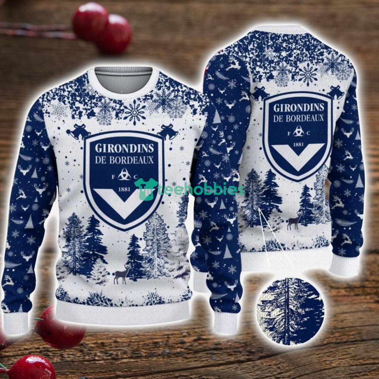 Girondins de Bordeaux 3D Sweater Pine Trees Pattern Ugly Christmas Sweater For Big Fans image Girondins de Bordeaux 3D Sweater Pine Trees Pattern Ugly Christmas Sweater For Big Fans Product Photo 1
