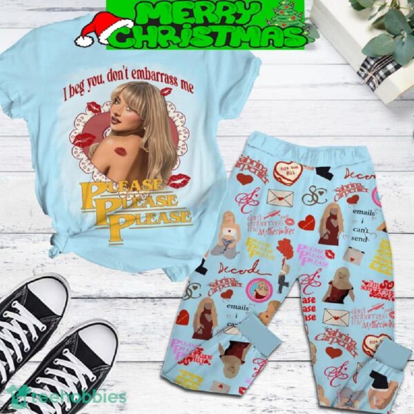 Sabrina Carpenter Please Please Please Fleece Pajamas Set Light Blue All Over Print Christmas Gift - Sabrina Carpenter Please Please Please Fleece Pajamas Set Light Blue-1