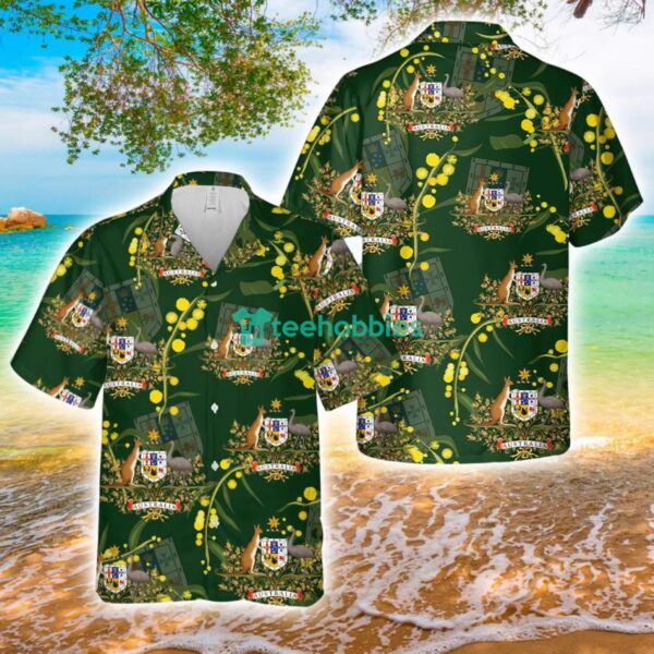 Australia Golden Wattle And Coat of Arms Beach Gift Hawaiian Shirt Product Photo 1