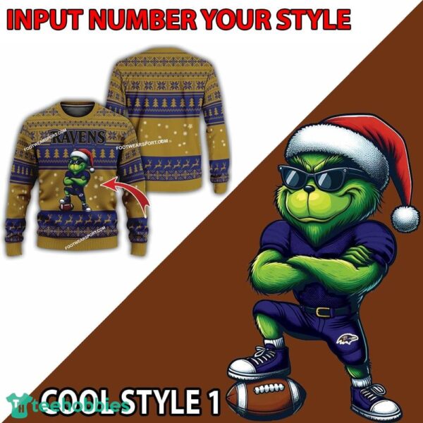 Baltimore Ravens Grinch Style Knitted Christmas Sweater Gift For Adult - Custom Number - NFL Baltimore Ravens New Grinch Ugly Christmas Sweater Photo 2