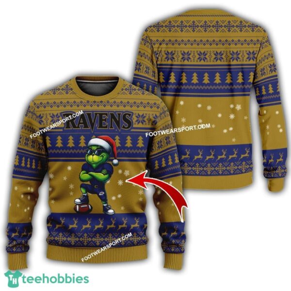 Baltimore Ravens Grinch Style Knitted Christmas Sweater Gift For Adult - Custom Number - NFL Baltimore Ravens New Grinch Ugly Christmas Sweater Photo 1