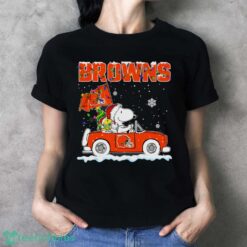 Cleveland Browns Snoopy And Woodstock Driving Car Cute Snoopy Limited Edition Shirt - Ladies T-Shirt