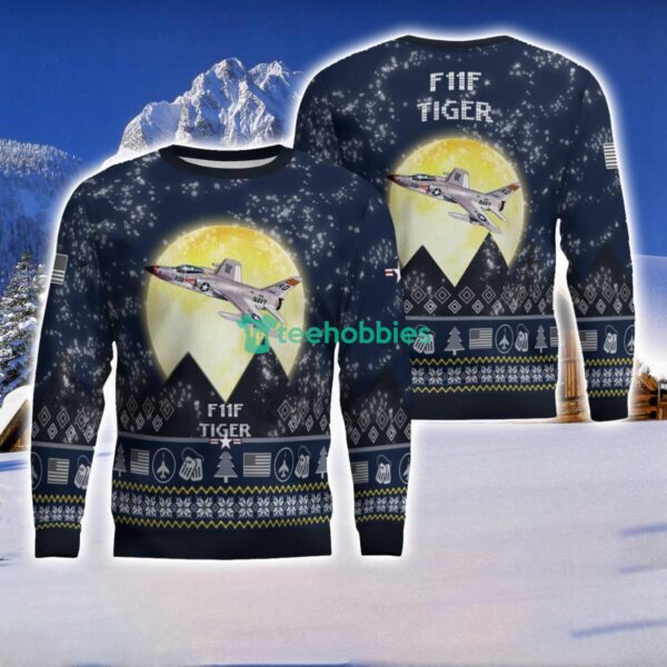 F11F Tiger 3D Aircraft Moonlight Ugly Christmas Sweater Veteran Christmas Sweater Product Photo 1