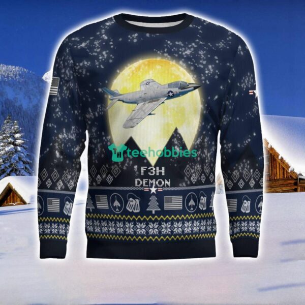 F3H Demon 3D Aircraft Moonlight Ugly Christmas Sweater Veteran Christmas Sweater Product Photo 2