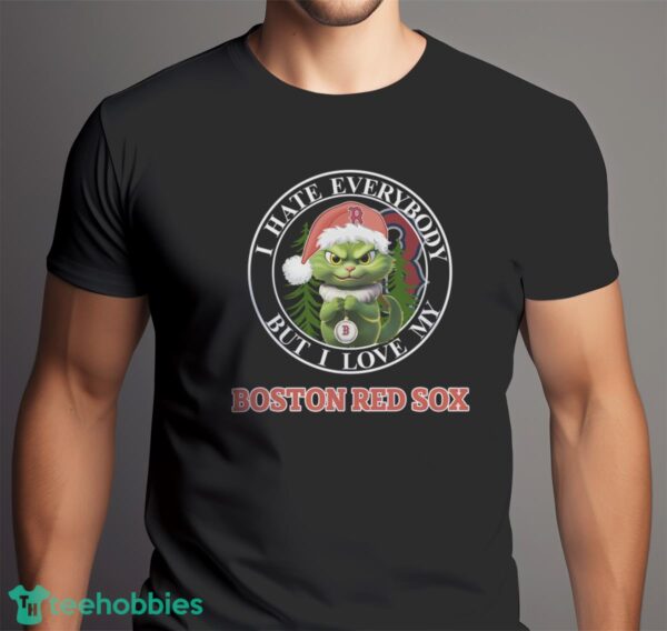 Green Cat With Santa Hat I Hate Everybody But I Love Boston Red Sox Christmas T-shirt - Men Black T-Shirt