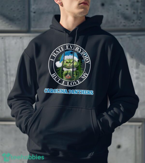Green Cat With Santa Hat I Hate Everybody But I Love Carolina Panthers Christmas T-shirt - Men Black Hoodie