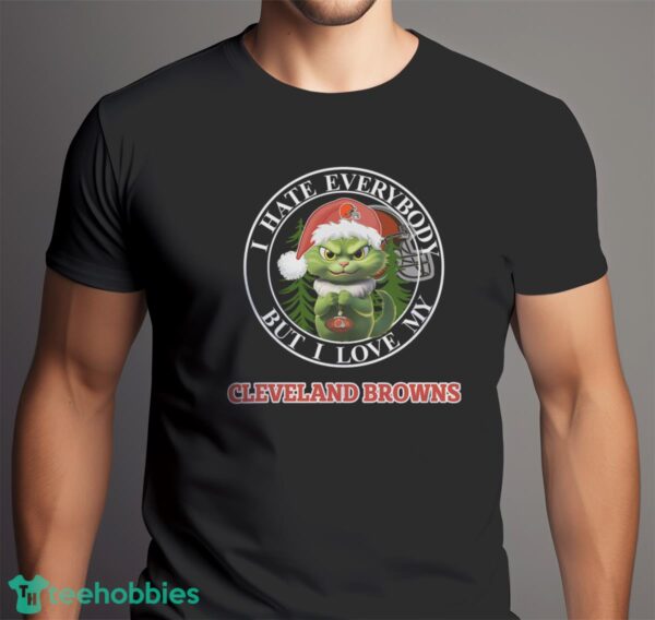 Green Cat With Santa Hat I Hate Everybody But I Love Cleveland Browns Christmas T-shirt - Men Black T-Shirt