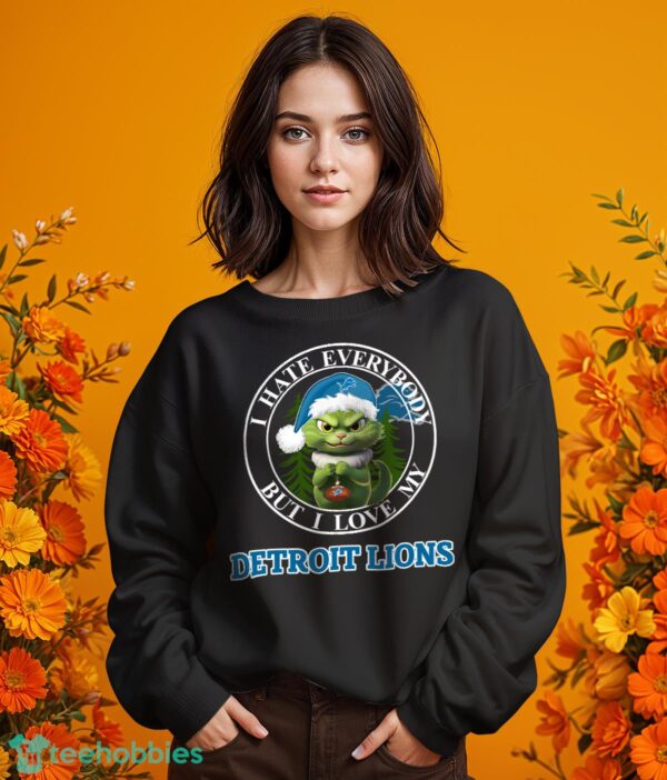 Green Cat With Santa Hat I Hate Everybody But I Love Detroit Lions Christmas T-shirt - Girl Black Swearshirt