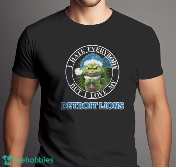 Green Cat With Santa Hat I Hate Everybody But I Love Detroit Lions Christmas T-shirt - Men Black T-Shirt