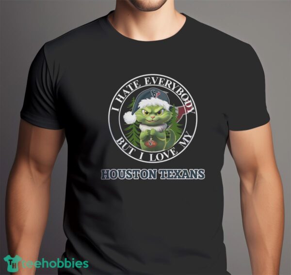 Green Cat With Santa Hat I Hate Everybody But I Love Houston Texans Christmas T-shirt - Men Black T-Shirt