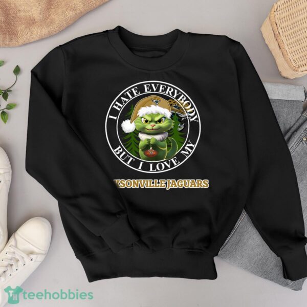 Green Cat With Santa Hat I Hate Everybody But I Love Jacksonville Jaguars Christmas T-shirt - Black Sweatshirt