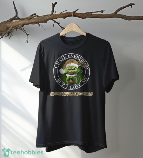 Green Cat With Santa Hat I Hate Everybody But I Love Jacksonville Jaguars Christmas T-shirt - Black T-Shirt