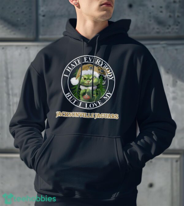Green Cat With Santa Hat I Hate Everybody But I Love Jacksonville Jaguars Christmas T-shirt - Men Black Hoodie