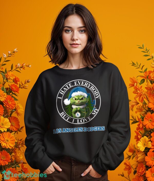 Green Cat With Santa Hat I Hate Everybody But I Love Los Angeles Dodgers Christmas T-shirt - Girl Black Swearshirt