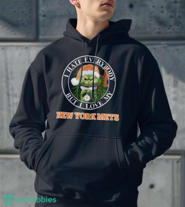 Green Cat With Santa Hat I Hate Everybody But I Love New York Mets Christmas T-shirt - Men Black Hoodie
