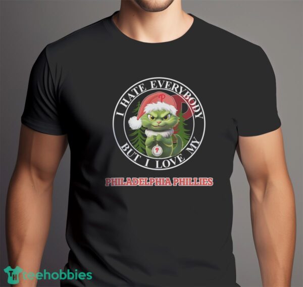Green Cat With Santa Hat I Hate Everybody But I Love Philadelphia Phillies Christmas T-shirt - Men Black T-Shirt