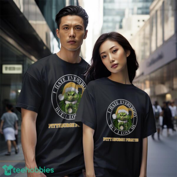 Green Cat With Santa Hat I Hate Everybody But I Love Pittsburgh Pirates Christmas T-shirt - Black Couple White T-Shirt