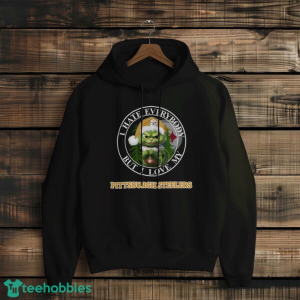 Green Cat With Santa Hat I Hate Everybody But I Love Pittsburgh Steelers Christmas T-shirt - Black Hoodie