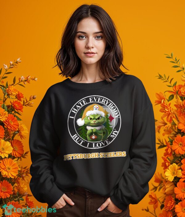Green Cat With Santa Hat I Hate Everybody But I Love Pittsburgh Steelers Christmas T-shirt - Girl Black Swearshirt