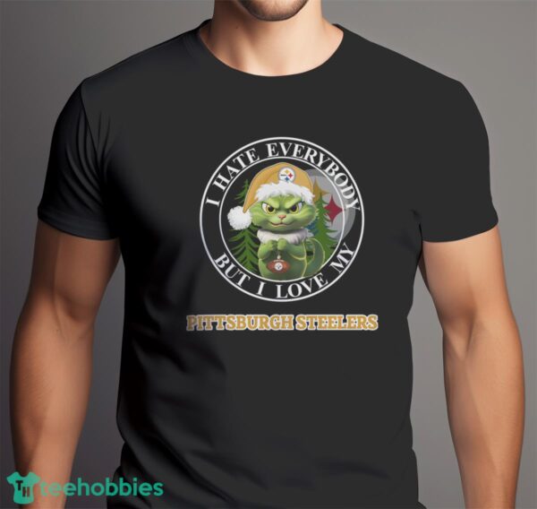 Green Cat With Santa Hat I Hate Everybody But I Love Pittsburgh Steelers Christmas T-shirt - Men Black T-Shirt