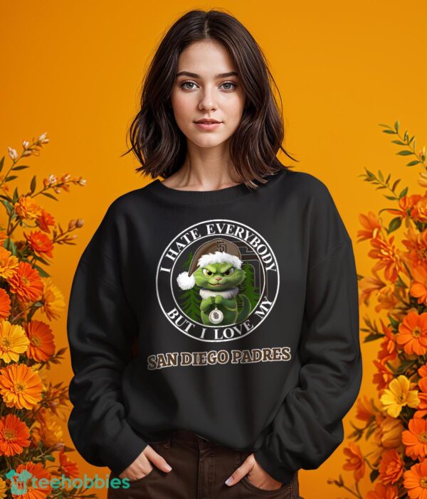 Green Cat With Santa Hat I Hate Everybody But I Love San Diego Padres Christmas T-shirt - Girl Black Swearshirt