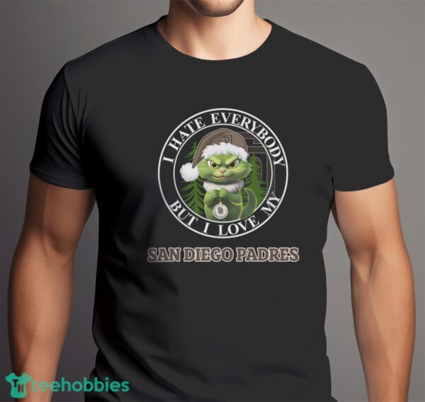 Green Cat With Santa Hat I Hate Everybody But I Love San Diego Padres Christmas T-shirt - Men Black T-Shirt