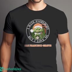 Green Cat With Santa Hat I Hate Everybody But I Love San Francisco Giants Christmas T shirt image Green Cat With Santa Hat I Hate Everybody But I Love San Francisco Giants Christmas T-shirt - Men Black T-Shirt