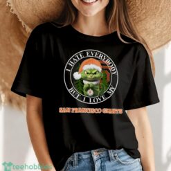 Green Cat With Santa Hat I Hate Everybody But I Love San Francisco Giants Christmas T shirt image Green Cat With Santa Hat I Hate Everybody But I Love San Francisco Giants Christmas T-shirt - Women Black T-Shirt