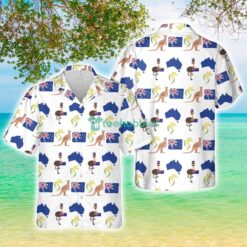 Happy Australia Day Emu Kangaroo Map and Flag Golden Wattle Flowers Beach Gift Hawaiian Shirt Product Photo 1