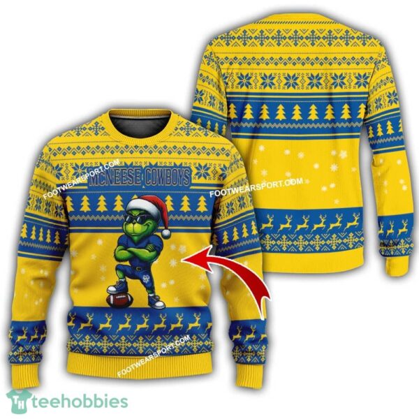 McNeese State Cowboys Player Grinch Ugly Xmas 3D Sweater Gift Holidays - Custom Number - NCAA2 McNeese State Cowboys New Grinch Ugly Christmas Sweater Photo 1