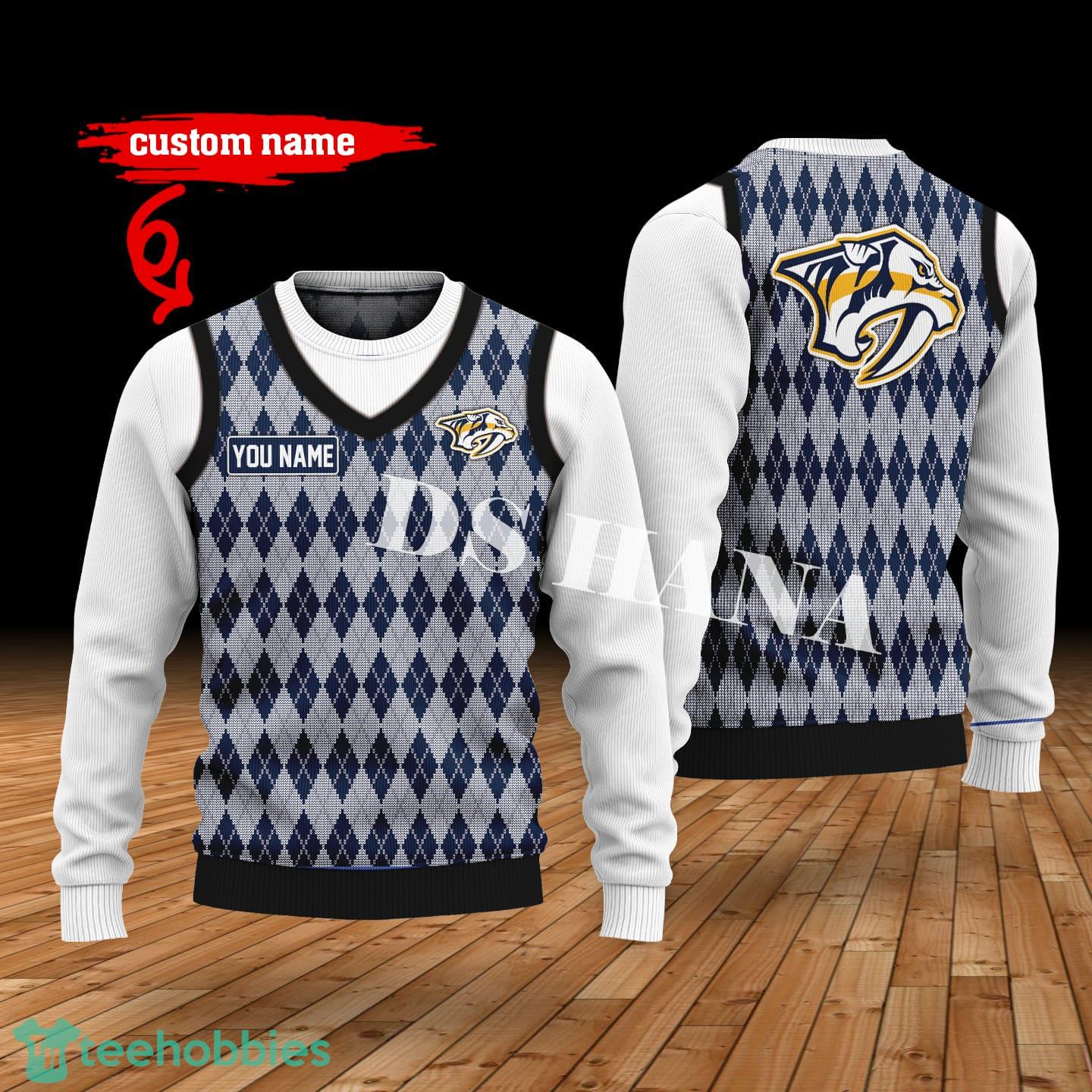 Nashville Predators Custom Name New Style Sweater Nashville Predators Ghile Style 3D Print Christmas Sweater image Nashville Predators Custom Name New Style Sweater Nashville Predators Ghile Style 3D Print Christmas Sweater Product Photo 1